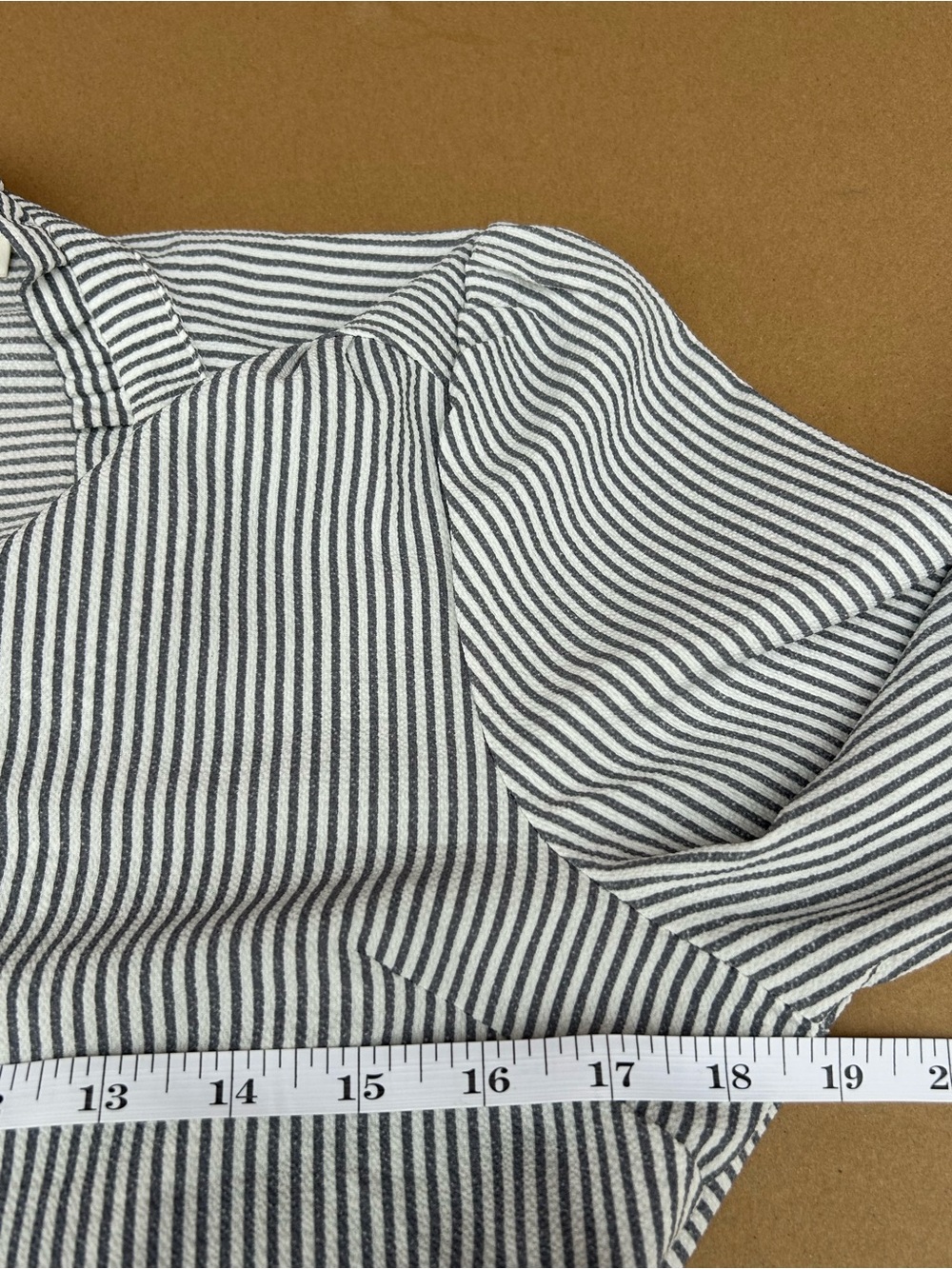 Monteau Peplum Stripped Blouse Ruffle Neck Long Sleeve v-neck Medium Grey White - Picture 7 of 8